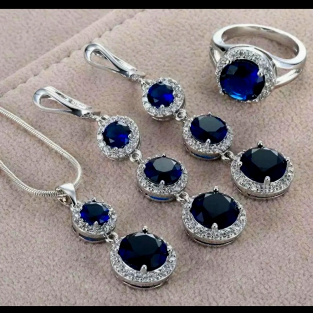 Beautiful .925 stamped (ring) Saphirre color necklace, earrings ring size 7